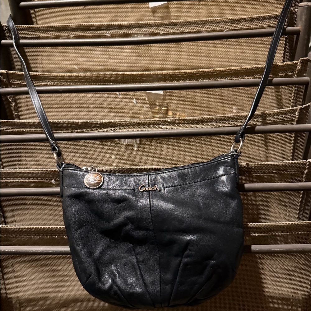 Coach Black Leather Crossbody Shoulder Bag with Gold Tone Logo